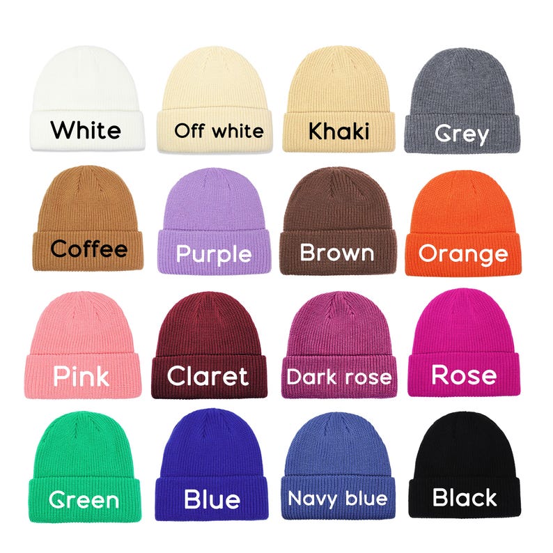 May include: A collection of sixteen ribbed knit beanies in various colors, each labeled with its corresponding color name: White, Off white, Khaki, Grey, Coffee, Purple, Brown, Orange, Pink, Claret, Dark rose, Rose, Green, Blue, Navy blue, and Black.