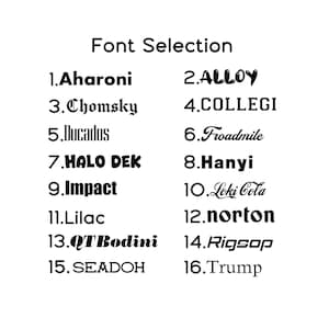 May include: A black text list titled Font Selection featuring sixteen numbered options: 1.Aharoni, 2.ALLOY, 3.Chomsky, 4.COLLEGI, 5.Ducados, 6.Froadmile, 7.HALO DEK, 8.Hanyi, 9.Impact, 10.Loki Cola, 11.Lilac, 12.norton, 13.QTBodini, 14.Rigsop, 15.SEADOH, 16.Trump.