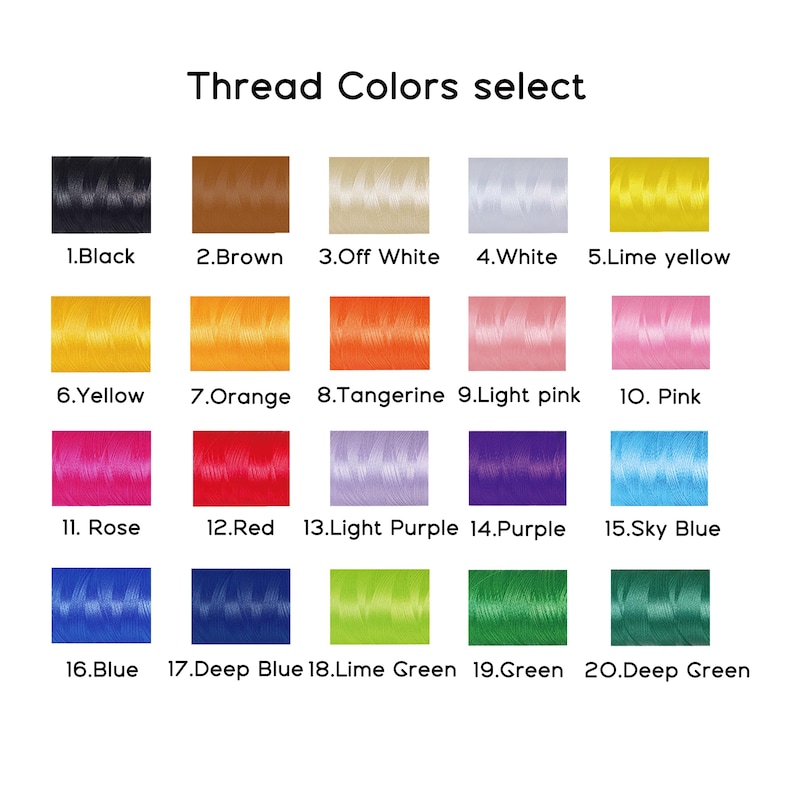 May include: A color chart titled Thread Colors select featuring twenty numbered spools of thread in various shades including black, brown, off white, white, lime yellow, yellow, orange, tangerine, light pink, pink, rose, red, light purple, purple, sky blue, blue, deep blue, lime green, green, and deep green.