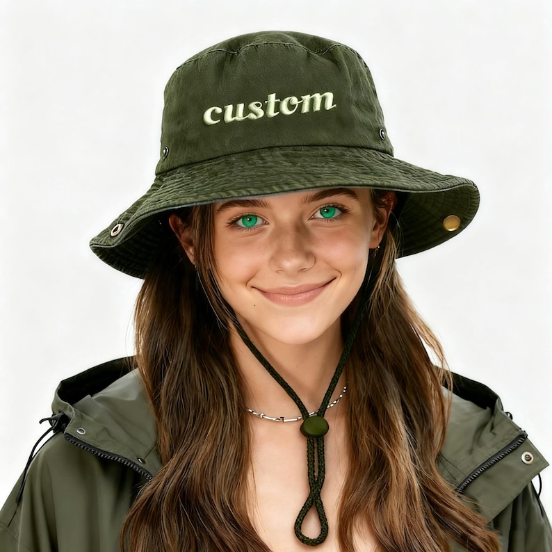 May include: Olive green bucket hat with the word "custom" embroidered in white. The hat has a wide brim and a chin strap. The person in the image is wearing a matching olive green jacket.