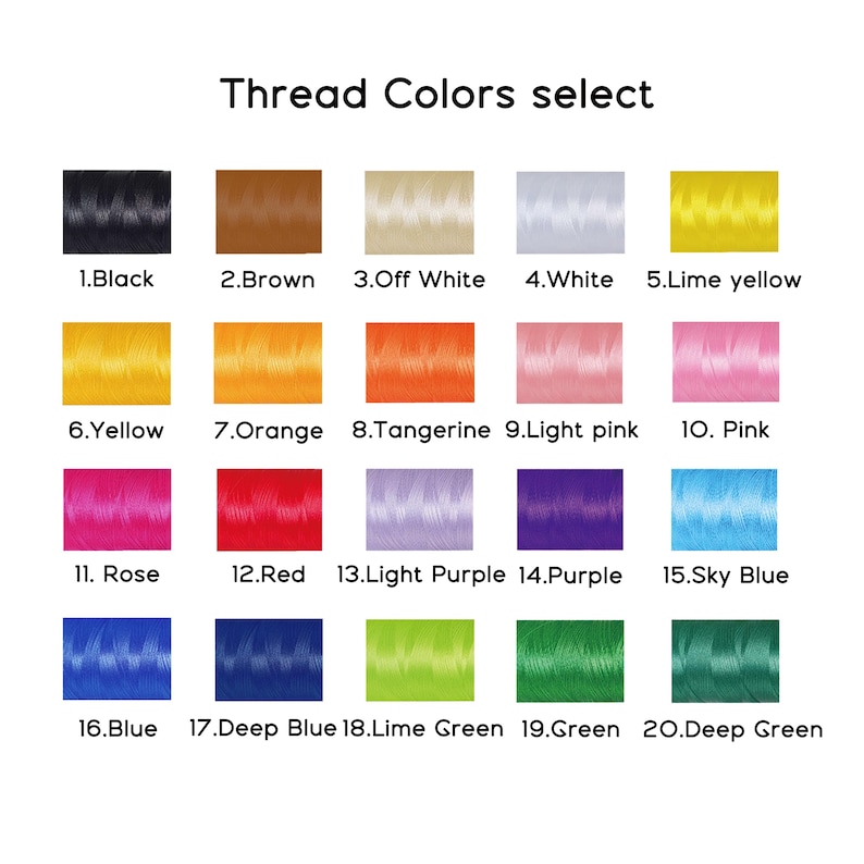 May include: A color chart displaying 20 thread colors with names and numbers. Colors include black, brown, off-white, white, lime yellow, yellow, orange, tangerine, light pink, pink, rose, red, light purple, purple, sky blue, blue, deep blue, lime green, green, and deep green.