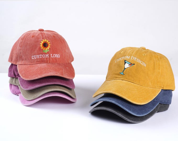 Custom logo embroidered hats, personalized hats, vintage baseball caps, bridal hats, bachelorette party gifts, new mom and dad gifts