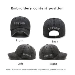 May include: A black baseball cap with the word "CUSTOM" embroidered on the front, back, left, and right sides of the cap.