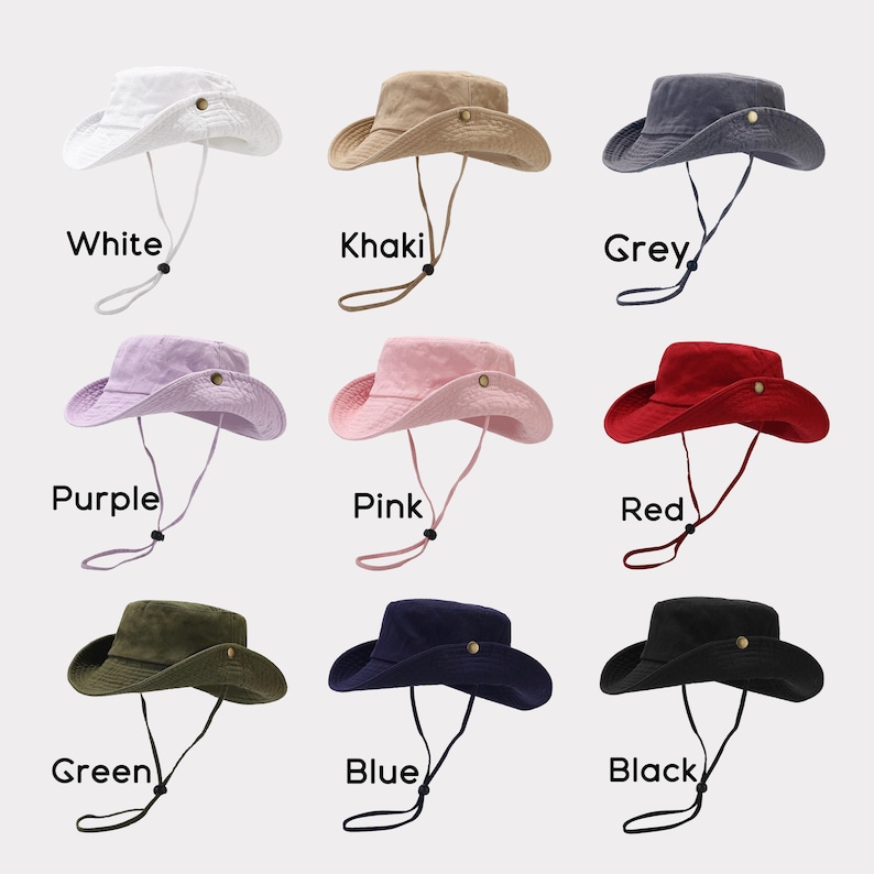 May include: Nine corduroy bucket hats in various colors, including white, khaki, grey, purple, pink, red, green, blue, and black. Each hat has a chin strap and a metal button detail.