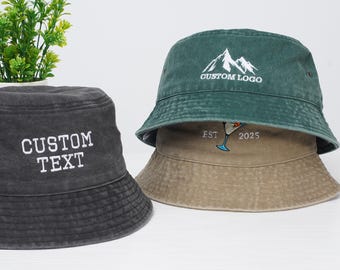 Custom bucket hats, embroidered logo, text, vintage bucket hats, bachelor party gifts,  Father's Day Mother's Day gifts, group events