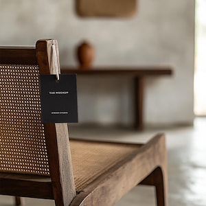 May include: A black tag mockup with the text "TAG MOCKUP" and "GINGER STUDIO" hangs from a wooden chair with a woven cane back. The chair is in a room with a neutral colour palette and natural light.