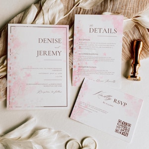 Suite de faire-part de mariage floral rose | Ensemble de modèles modifiables minimes de fleurs de cerisier rose poudré | Détails du code QR de la carte RSVP