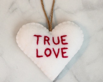 Ready To Ship! TRUE LOVE, White felt heart Ornament Large Felt Heart Valentine's Day Ornament, White and Pink