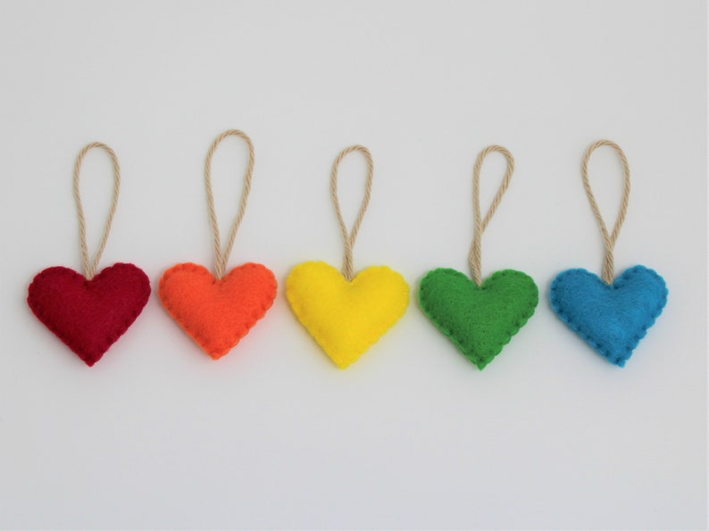 5 Felt Hearts Choose your colors, Christmas Ornaments Wedding favors Eco-Friendly Recycled Felt Rainbow