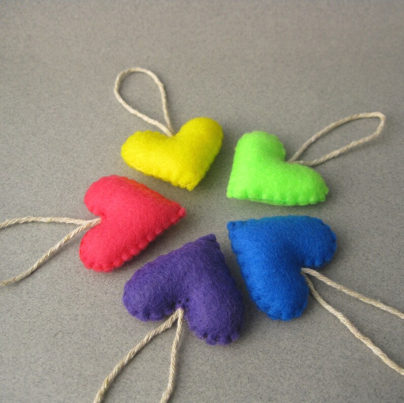 5 Felt Hearts Choose your colors, Christmas Ornaments Wedding favors Eco-Friendly Recycled Felt 80's neon color set