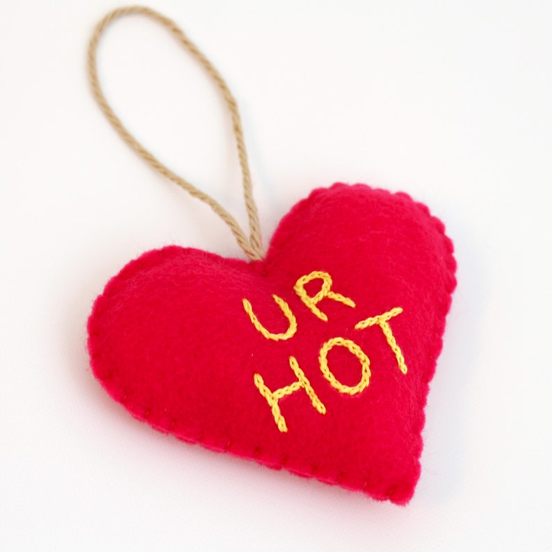 UR HOT, Felt Heart Ornament, Hot Pink felt heart, Ready To Ship Funny, Snarky Large Felt Heart Valentine's Day Ornament, Pink Yellow image 3