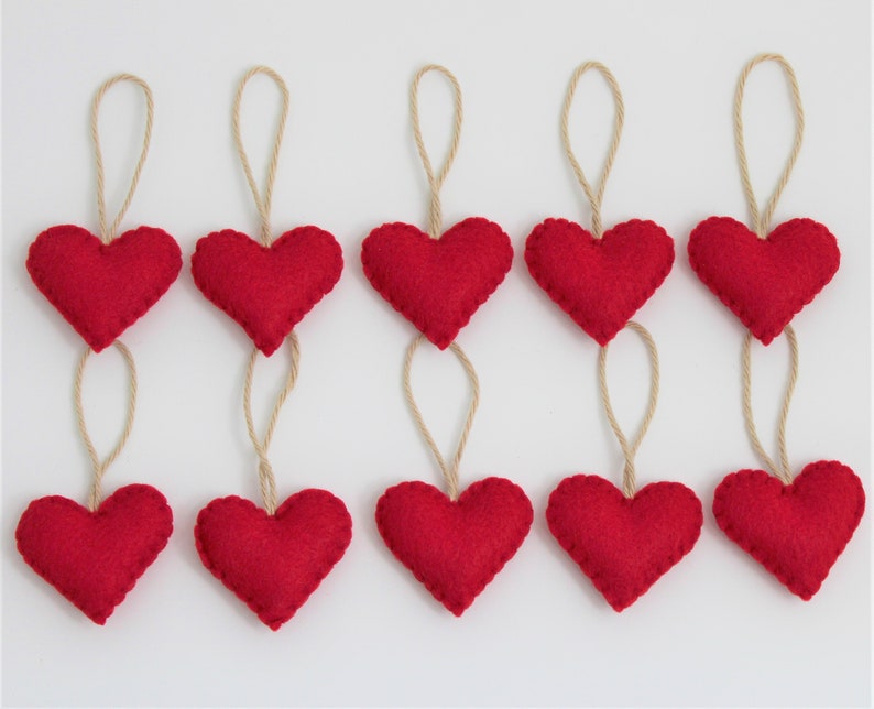 10 Red Felt Heart Ornaments Valentine's Hearts Eco-Friendly image 2