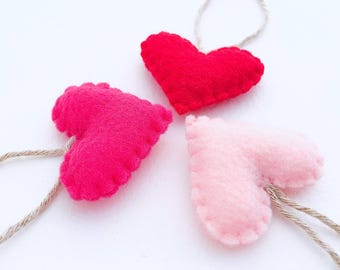 Felt Heart Valentine Ornaments, Set of 3, Recycled Felt