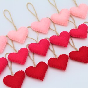 15 Felt Heart Ornaments Valentine&#39;s Red, Hot Pink, Baby Pink Eco-Friendly Recycled Felt
