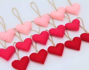 Recycled Felt Heart Ornaments, Valentine's Day Decor, Pink and Red, Set of 15