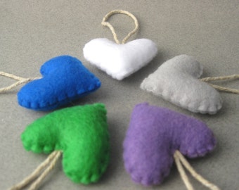 Felt Heart Ornaments set of 5 white, gray, neon blue, violet, green Recycled