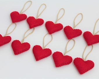 10 Red Felt Heart Ornaments Valentine's Hearts Eco-Friendly