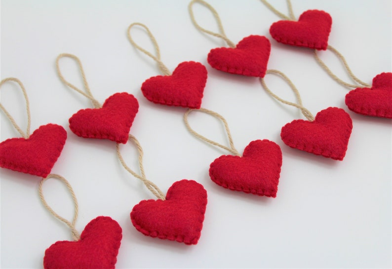 10 Red Felt Heart Ornaments Valentine's Hearts Eco-Friendly image 3