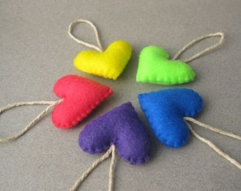 Felt Heart Ornaments Retro 80s Neon Colors Recycled Felt set of 5