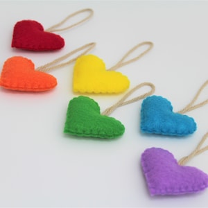 Set of 6 Rainbow Felt Heart Ornaments, Small Hearts Pride rainbow colors, Eco-Friendly