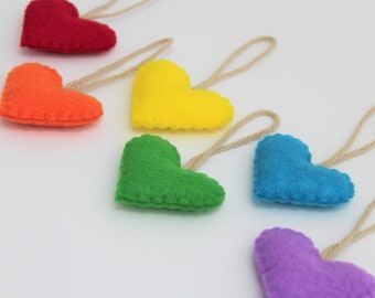 Set of 6 Rainbow Felt Heart Ornaments, Small Hearts Pride rainbow colors, Eco-Friendly