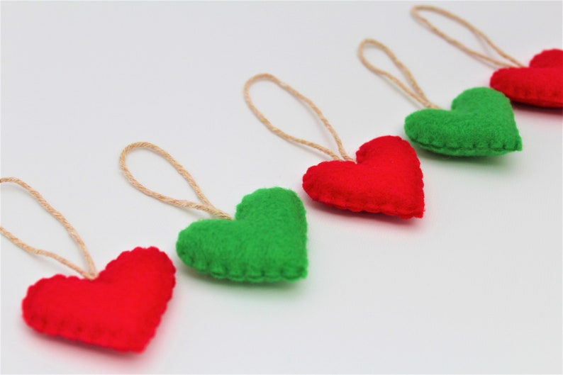 5 Felt Hearts Choose your colors, Christmas Ornaments Wedding favors Eco-Friendly Recycled Felt 3 red, 2 apple