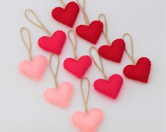 Felt Heart Ornament, 10 Handmade Valentine's Day Decor, Pink & Red Hearts
