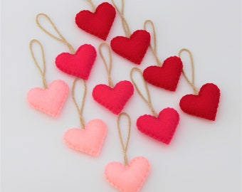 10 Small Felt Heart Ornaments Ready To Ship! Valentine's colors. Red, Hot Pink, Baby Pink Eco-Friendly Recycled Felt