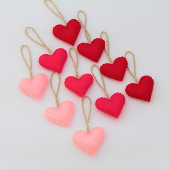 Felt Heart Ornament, 10 Handmade Valentine's Day Decor, Pink & Red Hearts