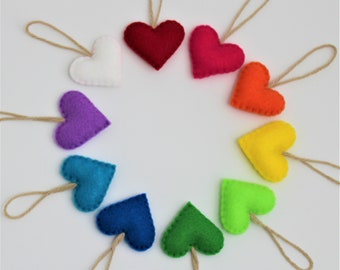 10 Rainbow Felt Heart Ornaments, Small Hearts bright rainbow, Eco-Friendly