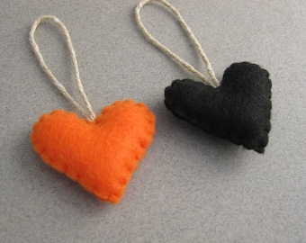 Halloween Felt Heart Ornaments Orange and Black Set of 2 Recycled Felt