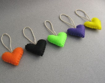 Set of 5 Halloween Felt Heart Ornaments spooky and cute Eco Friendly