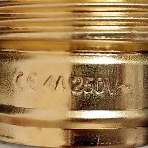 May include: Close-up of a gold-coloured electrical component with the text "CE 4A 250V" printed on it.