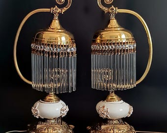 Set of 2 vintage table lamps Collectible bedside lamps with crystal drops Night light waterfall lamp Table lamp Housewarming gift Lamps pair
