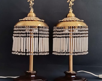 Set of 2 antique brass bedside lamps on wooden base Collectible table lamp with crystal drops Night light waterfall lamp Housewarming gift