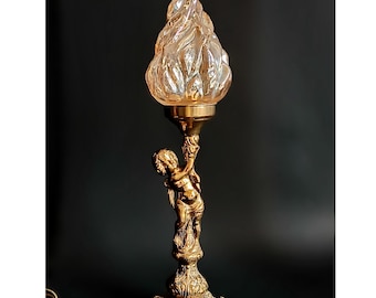 Vintage bronze table lamp Putti figurine Collectible bedside lamp Night light Glass lampshade Housewarming gift Christmas gift