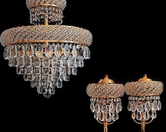 Collectible set of ceiling chandelier and pair oof table lamps WORKING Art Nouveau Antique lighting Home decoration Vintage lamps set