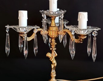 Vintage bronze table lamp Collectible bedside waterfall lamp crystal drops Putti figurine Night light  Table lamp Christmas gift Art Nouveau