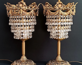 Set of 2 antique brass lamps Collectible bedside lamps with crystal drops Night light waterfall table lamp Housewarming gift Home decor