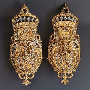 May include: Two ornate, gold-colored wall sconces with a crown-like design. Each sconce features intricate scrollwork, clear crystal accents, and a symmetrical, oval shape. The sconces are likely for decorative purposes and add a touch of elegance.