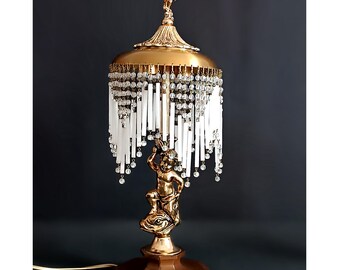 Table lamp Collectible bedside lamp crystal drops Angel figurine Putti on the dolphin Night light waterfall lamp Table lamp Art Nouveau