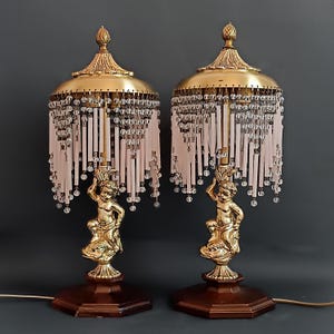 Pair of antique bedside lamps on wooden base Collectible table lamp with crystal drops Night light waterfall lamp Art Nouveau Putti on fish