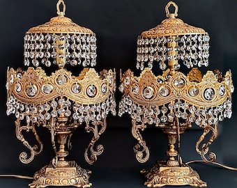Set of 2 big antique table lamps Collectible bedside lamps bronze & brass with crystal drops Night light waterfall table lamp Christmas gift