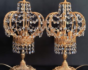 Set of 2 antique bronze bedside lamp Collectible table lamp with crystal drops Night light waterfall lamp Housewarming gift Art Nouveau