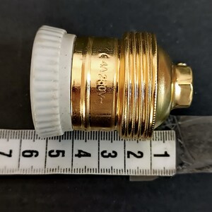 May include: A gold-coloured light bulb socket with a white ceramic base. The socket is 5 cm long and has a 6A 250V rating.