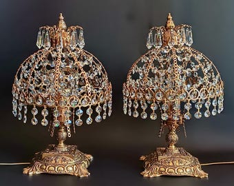 Set of 2 vintage table lamps Collectible bedside lamps with crystal drops Night light waterfall lamp Table lamp Housewarming gift