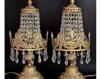 Set of 2 antique bronze table lamps Collectible bedside lamps Crystal drops Night light waterfall table lamp Housewarming gift Home decor