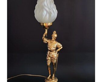 Vintage brass table lamp soldier figurine Collectible bedside lamps Night light White matte lampshade Housewarming gift