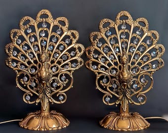 Set of 2 table lamps peacock shape Collectible bird bedside lamp with crystal drops Wall light Night light antique sconce Housewarming gift