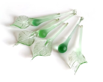 Vintage glass chandelier part ornaments Green leaf shaped lamp part Sconce boho crystal drops Rare glass droplets Crystal replacements